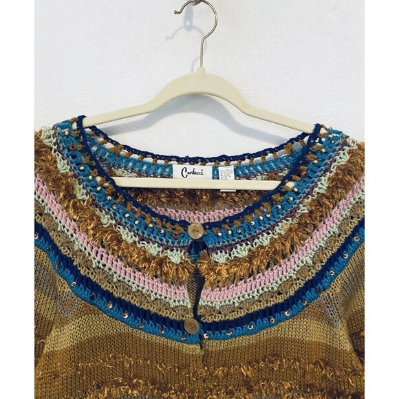 Carducci Cardigan Sweater Womens Large Boho Button Up Fringe Crochet Sequin - Picture 2 of 6